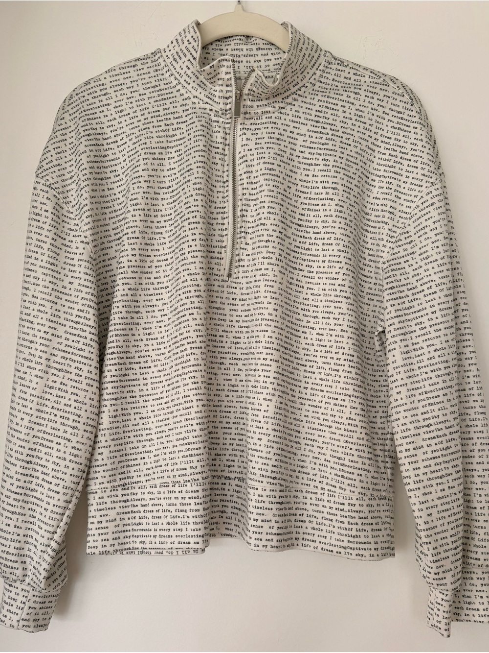 Tahari Cream and Black Text-Print Half-Zip Sweater